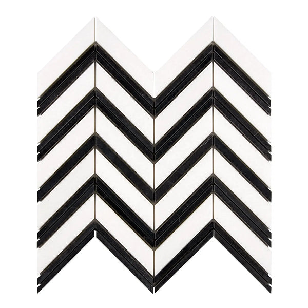 Black and white chevron mosaic tile in Thassos White Large Chevron Marble design