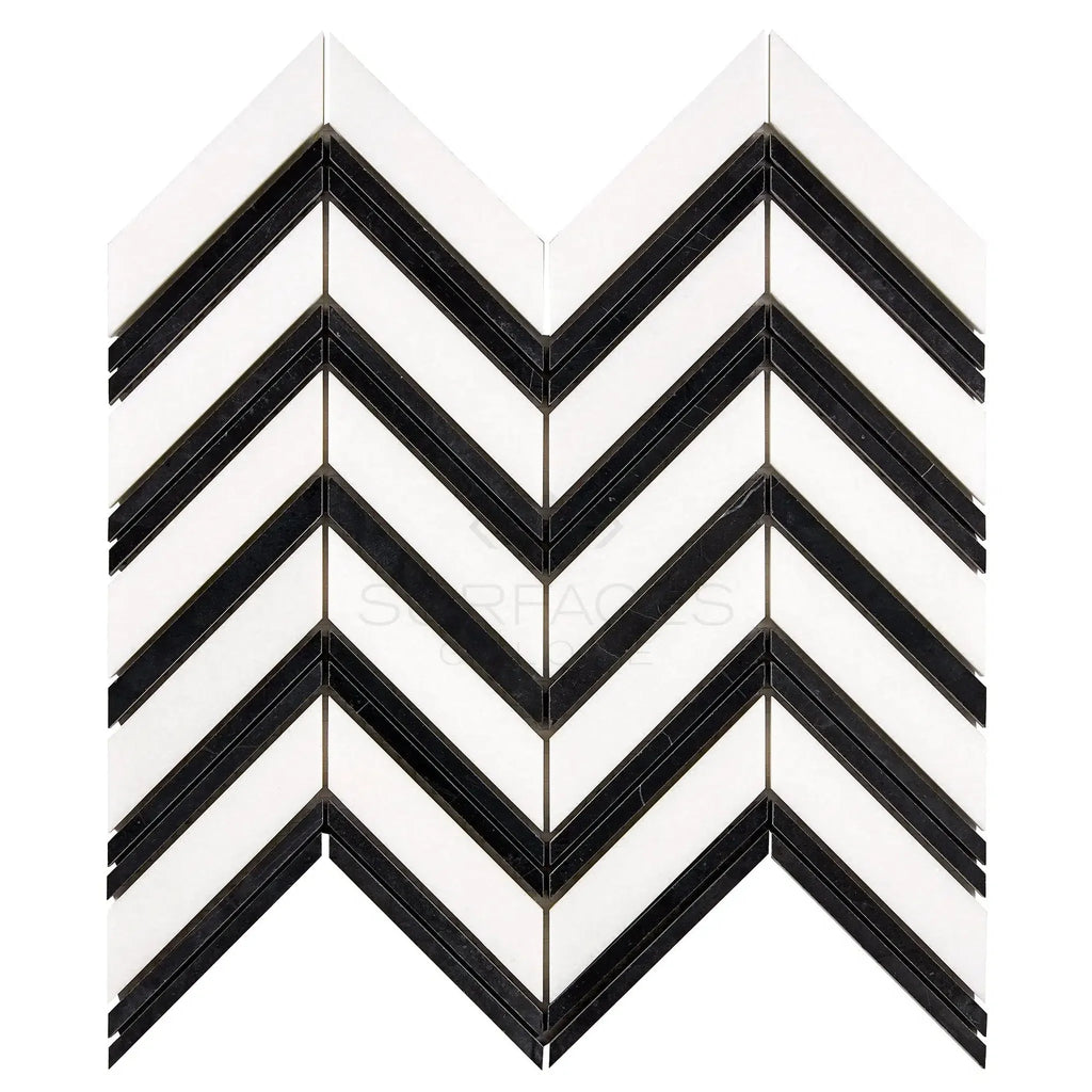 Black and white chevron mosaic tile in Thassos White Large Chevron Marble design