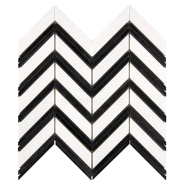 Black and white chevron mosaic tile in Thassos White Large Chevron Marble design