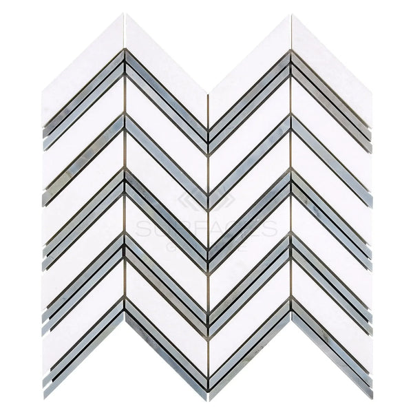 Thassos White Large Chevron Mosaic Marble with Blue-Gray Patterned Tile Display