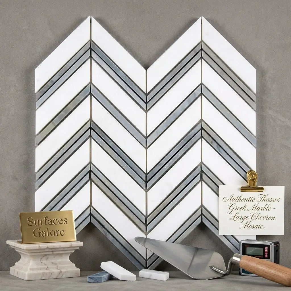Thassos white large chevron mosaic marble tile wall with silver and blue-gray polished finish