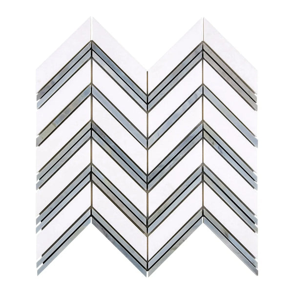 Thassos White Large Chevron Mosaic Marble Tile with Blue-Gray Pattern, Polished or Honed