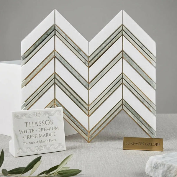 Thassos white large chevron mosaic marble tile panel with white and gray pattern and gold-toned grout lines