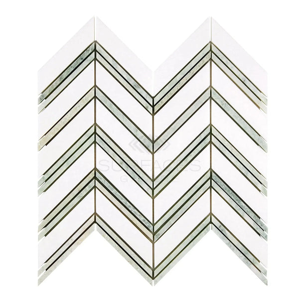 Chevron patterned tile mosaic in Thassos White Large Chevron Mosaic Marble design