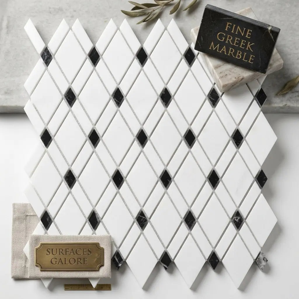 White and black diamond-patterned mosaic tile made of polished Greek Thassos white and black marble