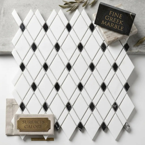 White and black diamond-patterned mosaic tile made of polished Greek Thassos white and black marble