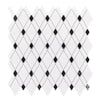 Diamond-patterned mosaic tile sheet featuring Thassos White Lattice in polished marble