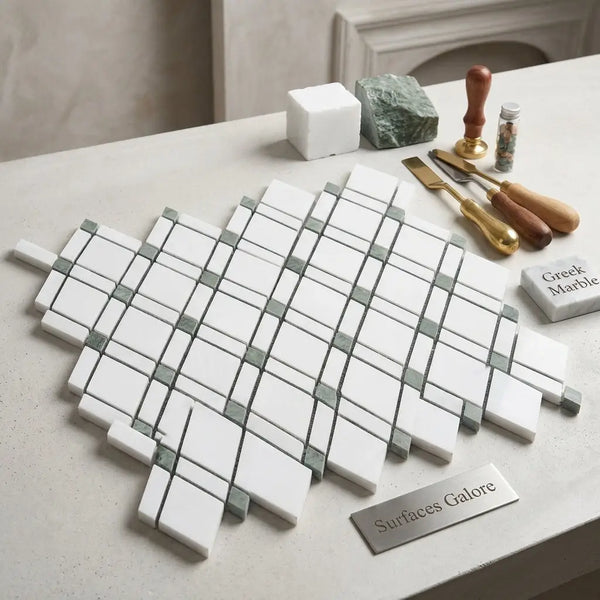 Thassos white lattice polished greek marble mosaic tiles in white and mink green arranged in a geometric pattern