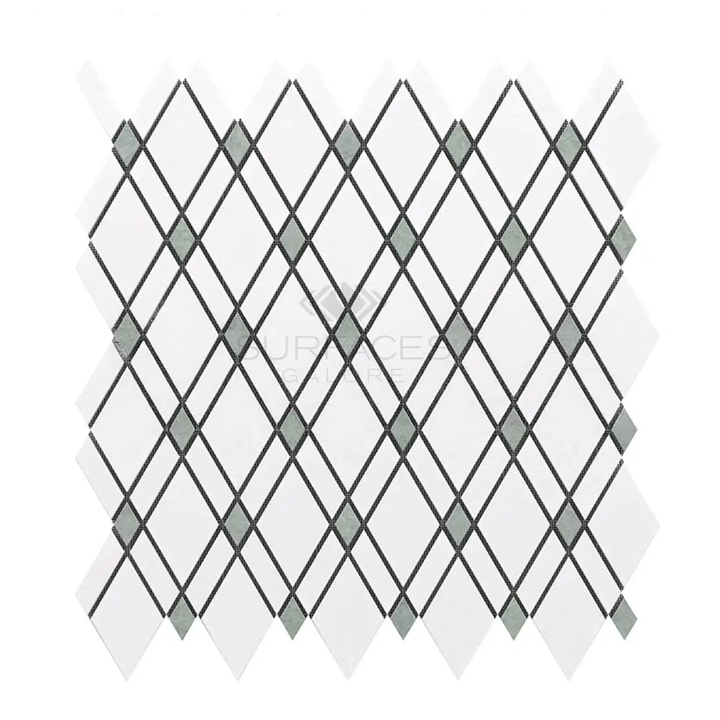 Diamond mosaic tile pattern of Thassos White Lattice Marble in polished or honed finish