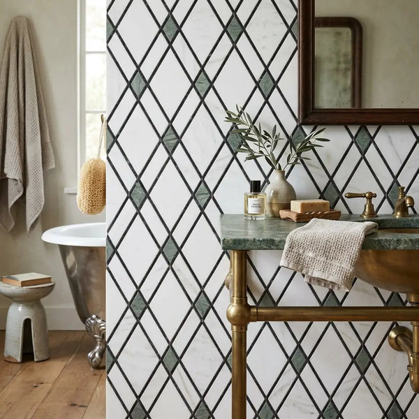 The bathroom features a thassos white lattice mosaic marble polished wall with white and mink green diamond pattern tiles