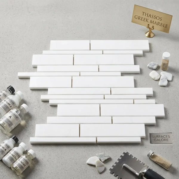 Thassos white manhattan random strip mosaic marble polished or honed tiles in white rectangular staggered pattern