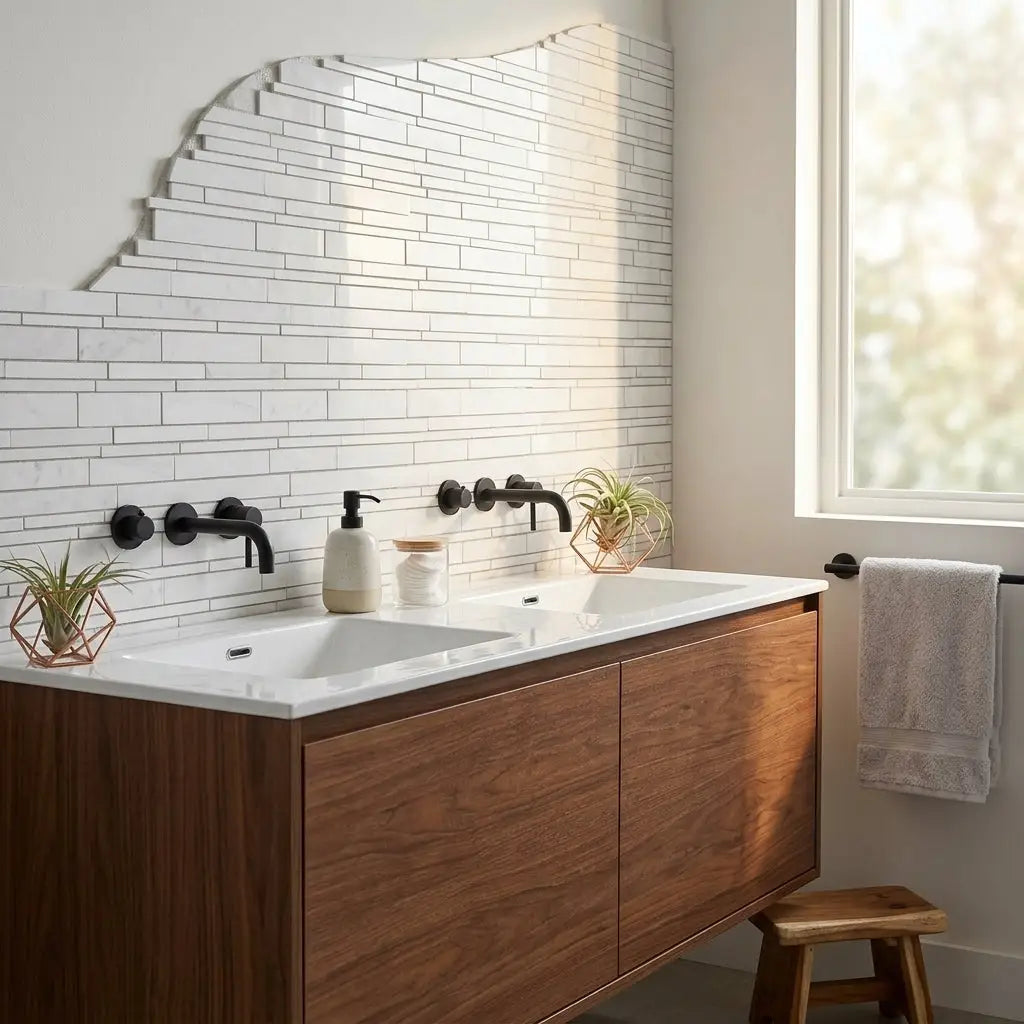 Modern double-sink vanity with rich walnut finish and white thassos white manhattan mosaic marble countertop with black faucets