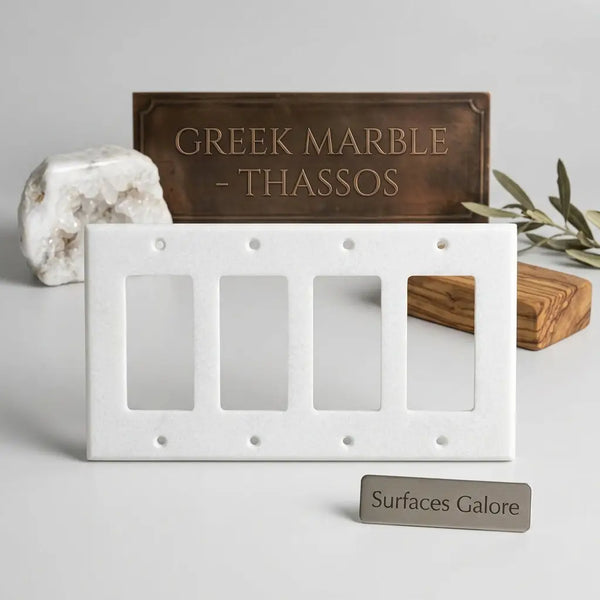 Thassos white marble 4 gang rocker switch wall plate with smooth polished surface and rectangular cutouts
