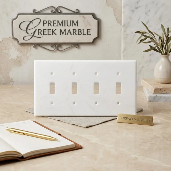Thassos white marble 4 gang toggle switch wall plate in white Greek marble with polished finish and subtle veining