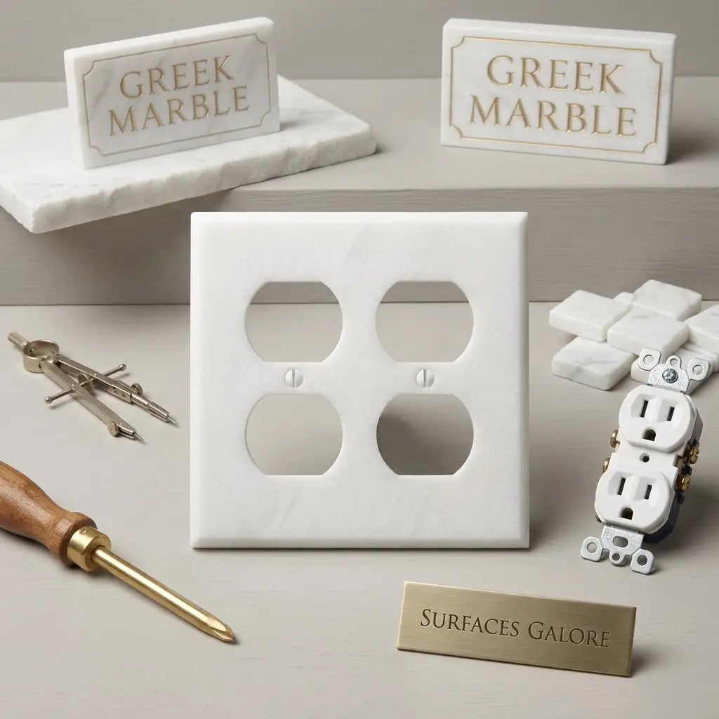 Thassos white marble double duplex switch wall plate made of white Greek marble with subtle veining pattern