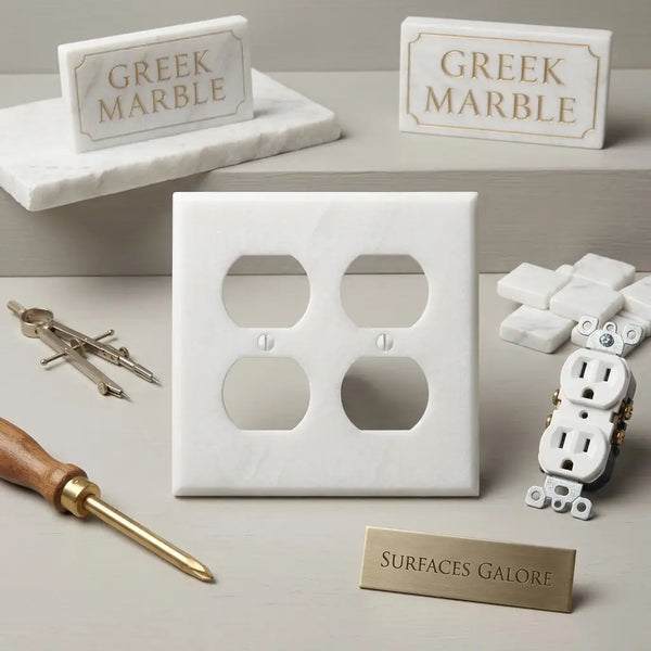 Thassos white marble double duplex switch wall plate made of white Greek marble with subtle veining pattern
