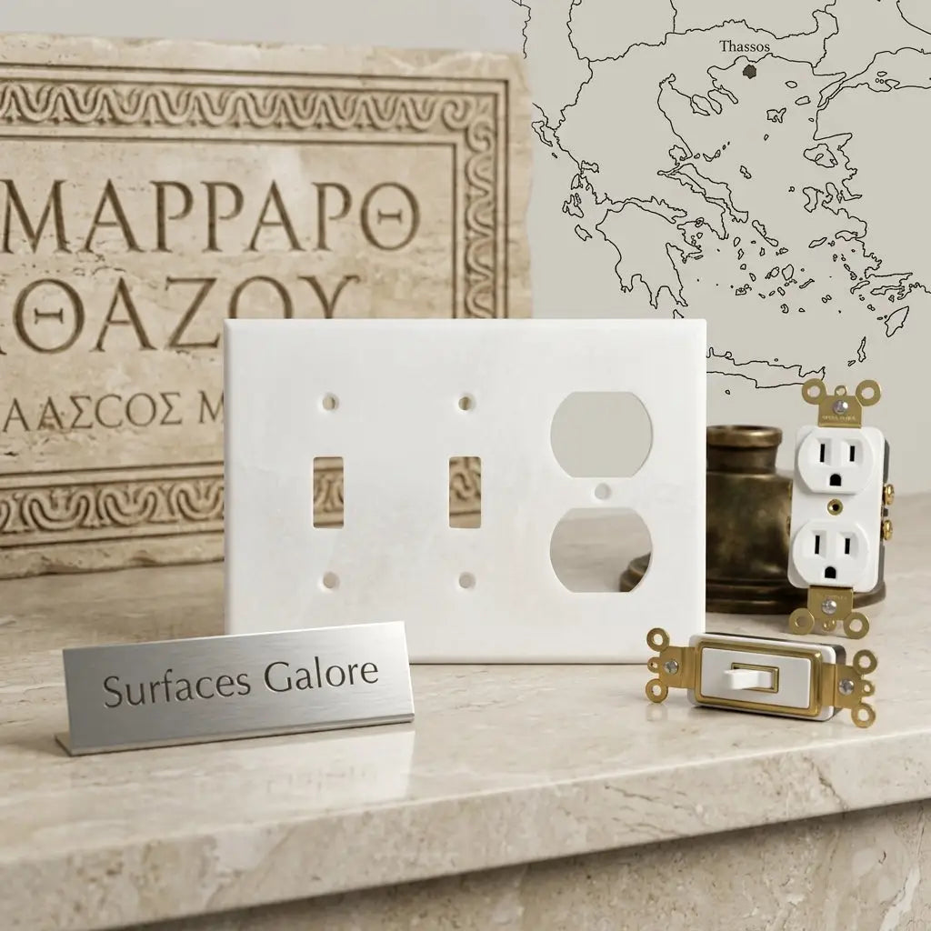 Thassos white marble double toggle duplex switch wall plate featuring a white double-gang cover with two toggles and one duplex opening