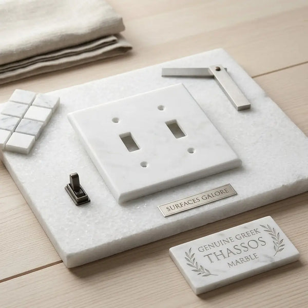 Thassos white marble double toggle switch wall plate with sleek polished finish and engraved detailing
