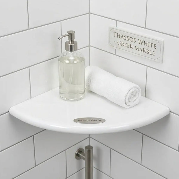 Thassos white marble shower corner shelf with white ceramic curved design and subtle metallic brand plaque