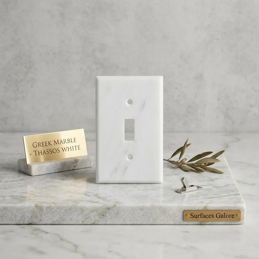 Thassos white marble single toggle plate switch wall plate in white Greek marble with subtle veining on marble surface