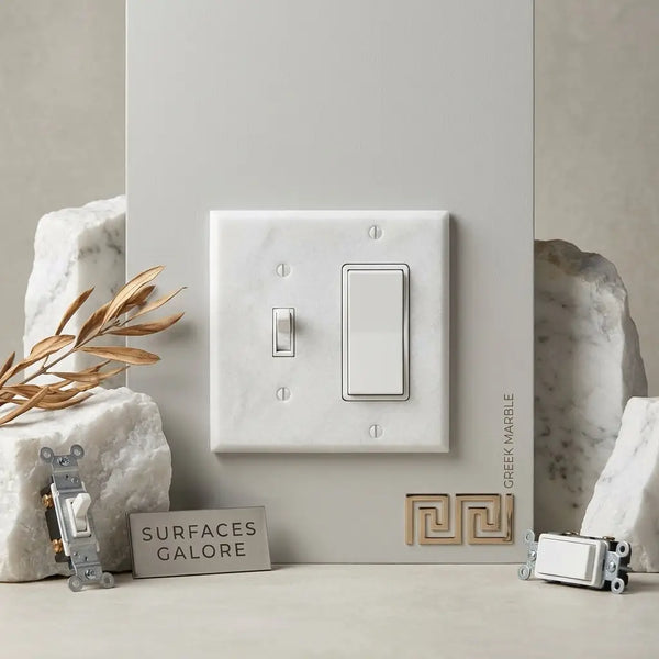 White greek marble switch plate featuring toggle and rocker switch design in thassos white marble finish