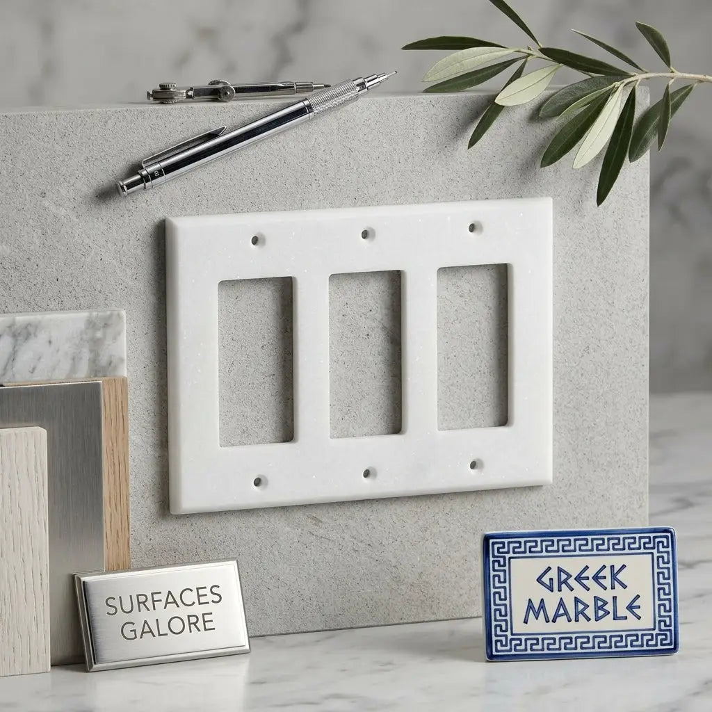 White marble three-gang rocker switch plate with polished thassos marble finish and subtle veining wall cover