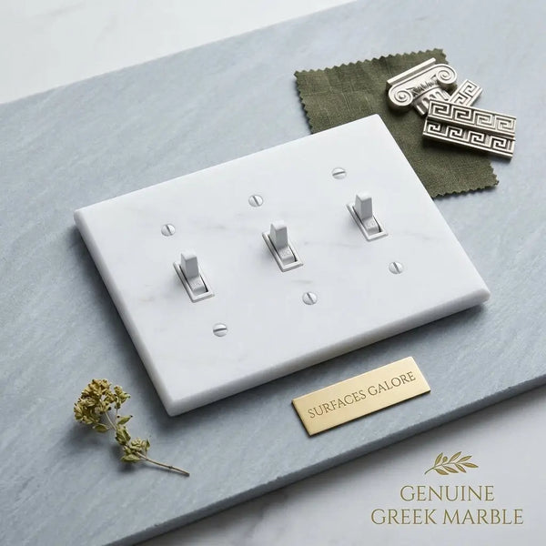 Thassos white marble triple toggle plate switch wall plate with silver toned hardware and three toggle switches