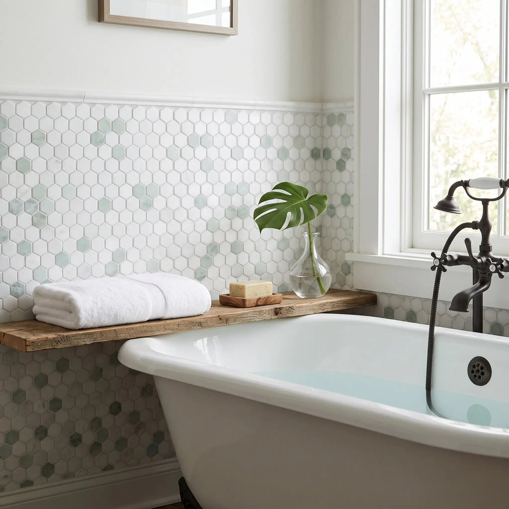 White clawfoot bathtub with black faucet and chrome fixtures displayed on thassos white and ming green honeycomb mosaic wall
