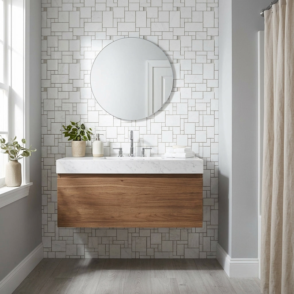 Modern floating bathroom vanity with white marble countertop and warm wood finish featuring thassos white mini versailles pattern mosaic marble