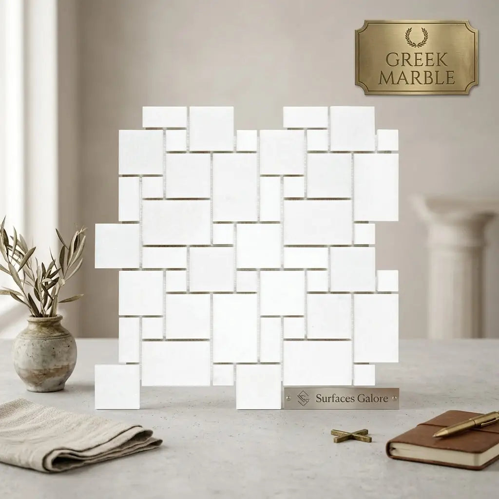 Thassos white mini-Versailles pattern mosaic marble panel with polished geometric design in white Greek marble