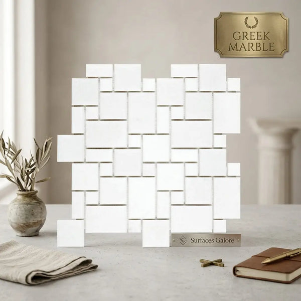 Thassos white mini-Versailles pattern mosaic marble panel with polished geometric design in white Greek marble