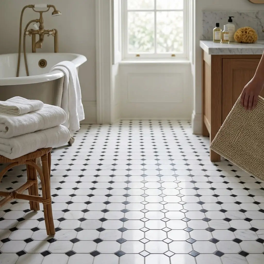 Thassos white octagon mosaic marble floor with black hexagonal tiles and diamond-shaped accents polished or honed