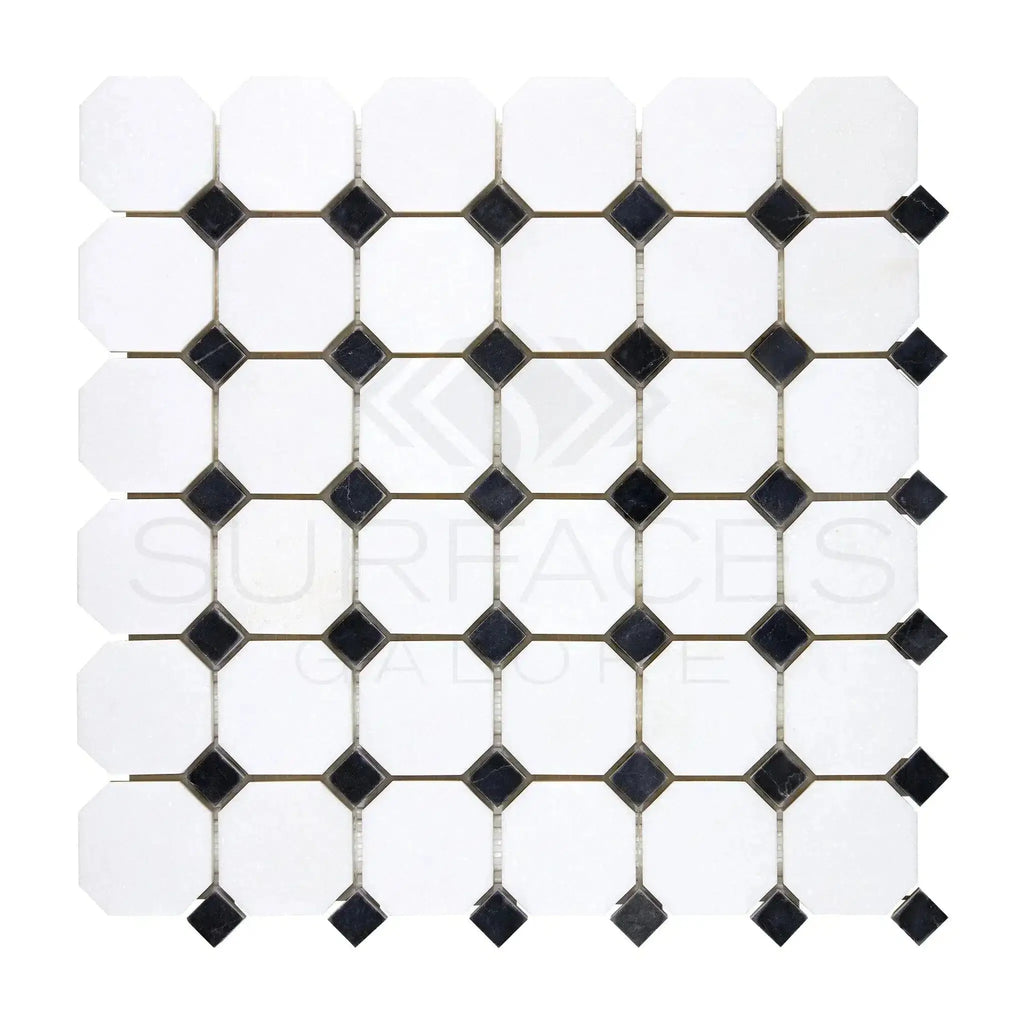 Thassos White Octagon and diamond tile pattern in polished or honed marble finish