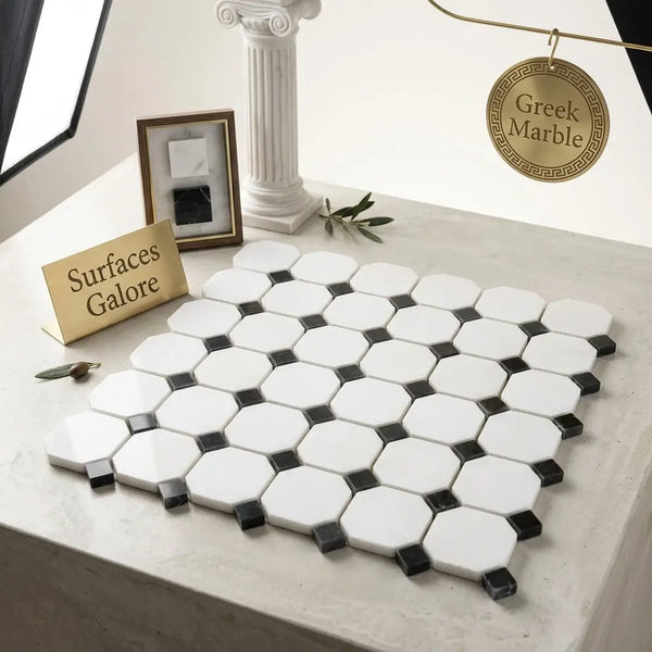Thassos white octagon with black mosaic marble polished or honed hexagonal tile set in white and black colors