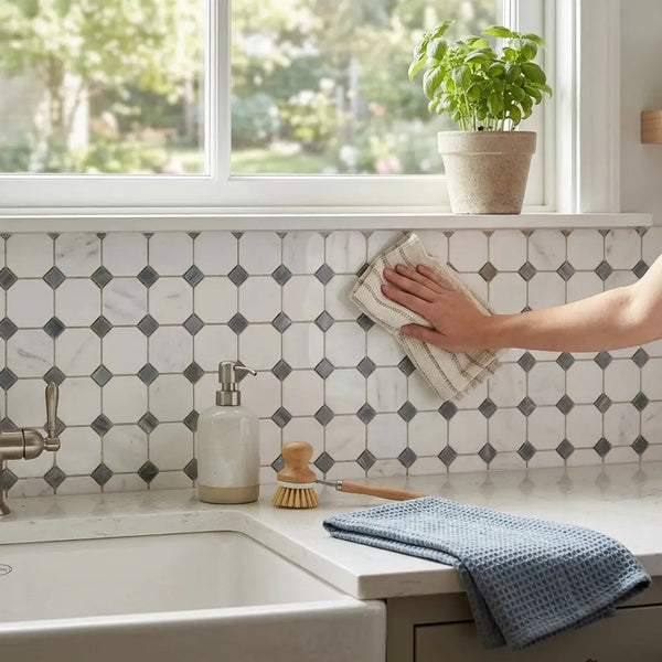 Beige striped kitchen towel with woven texture wiping a polished thassos white octagon blue-gray mosaic marble backsplash