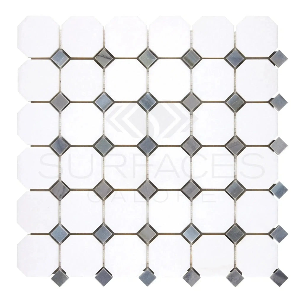 Thassos White Octagon and diamond tile mosaic in polished or honed finish
