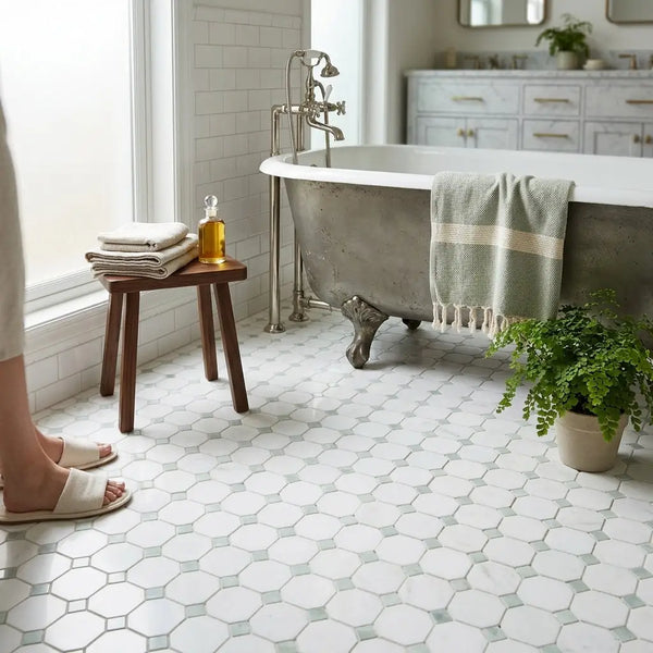 Antique-style clawfoot bathtub with metallic finish and classic design next to thassos white octagon ming-green mosaic marble tile