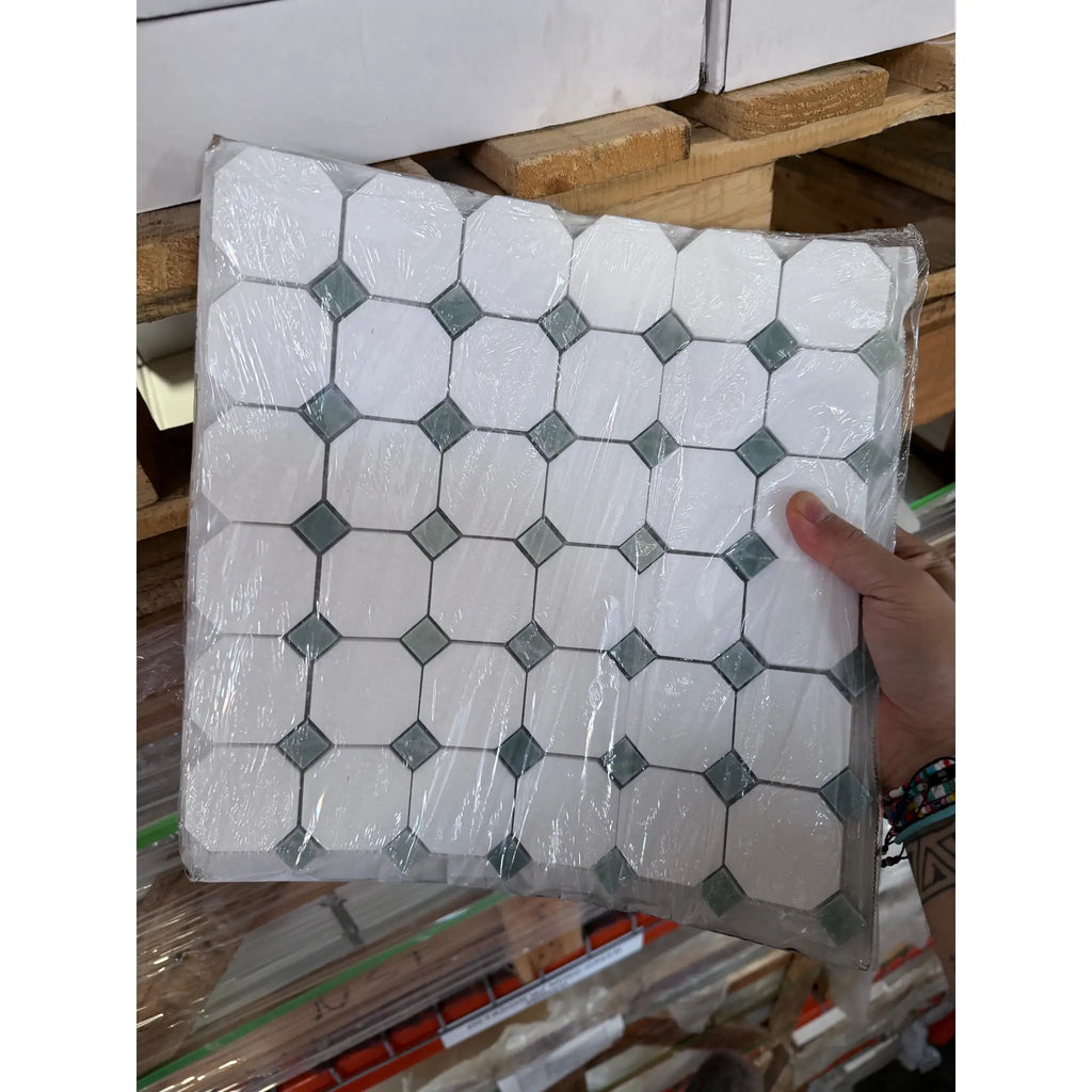 Thassos White Octagon Mosaic Marble Tile with Ming-Green Accents