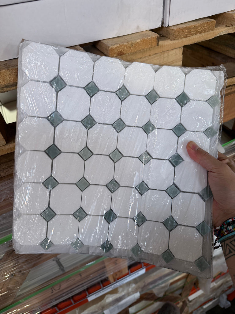 Thassos White Octagon Mosaic Marble Tile with Ming-Green Accents