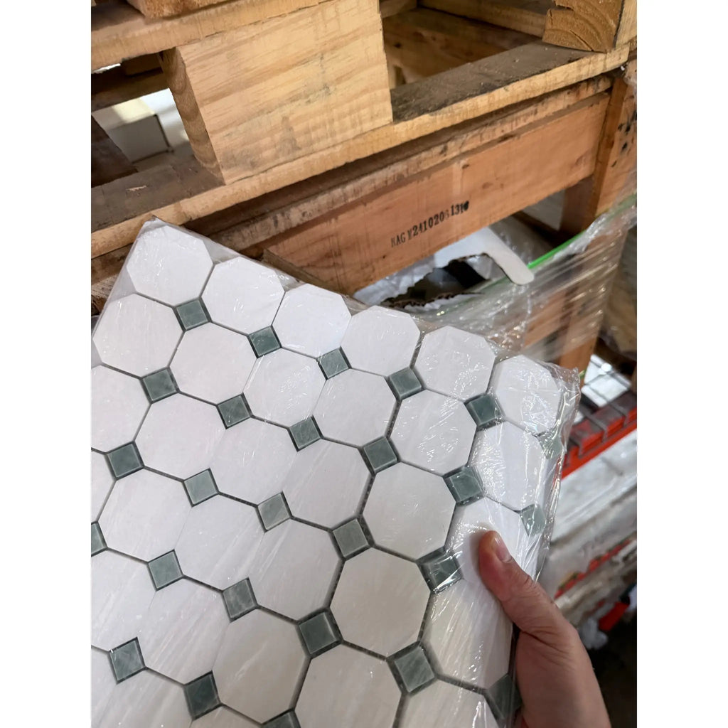 Thassos White Octagon Mosaic Marble Tile with Ming-Green Accents, Polished