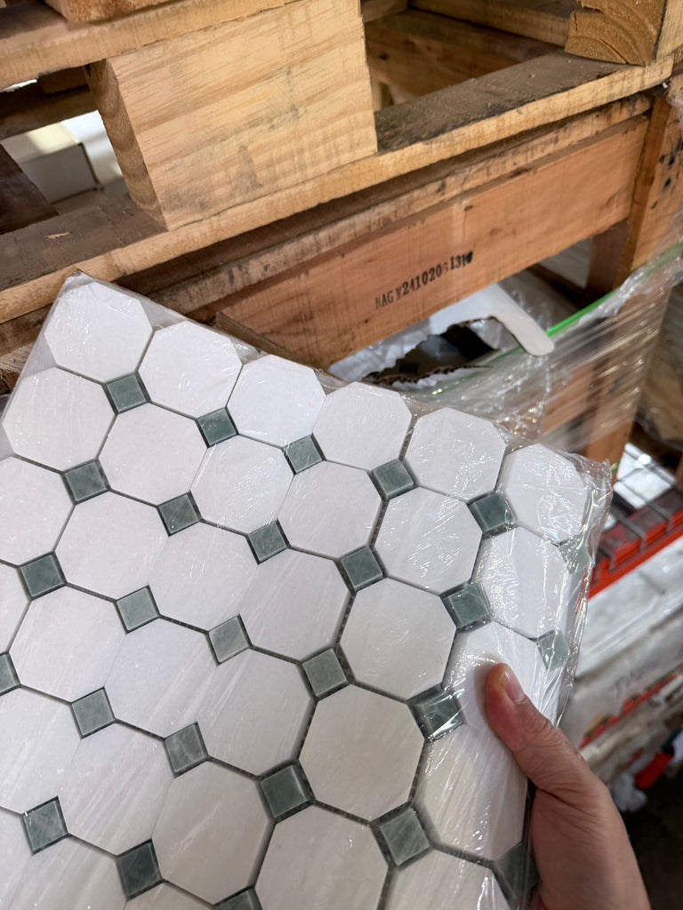 Thassos White Octagon Mosaic Marble Tile with Ming-Green Accents, Polished