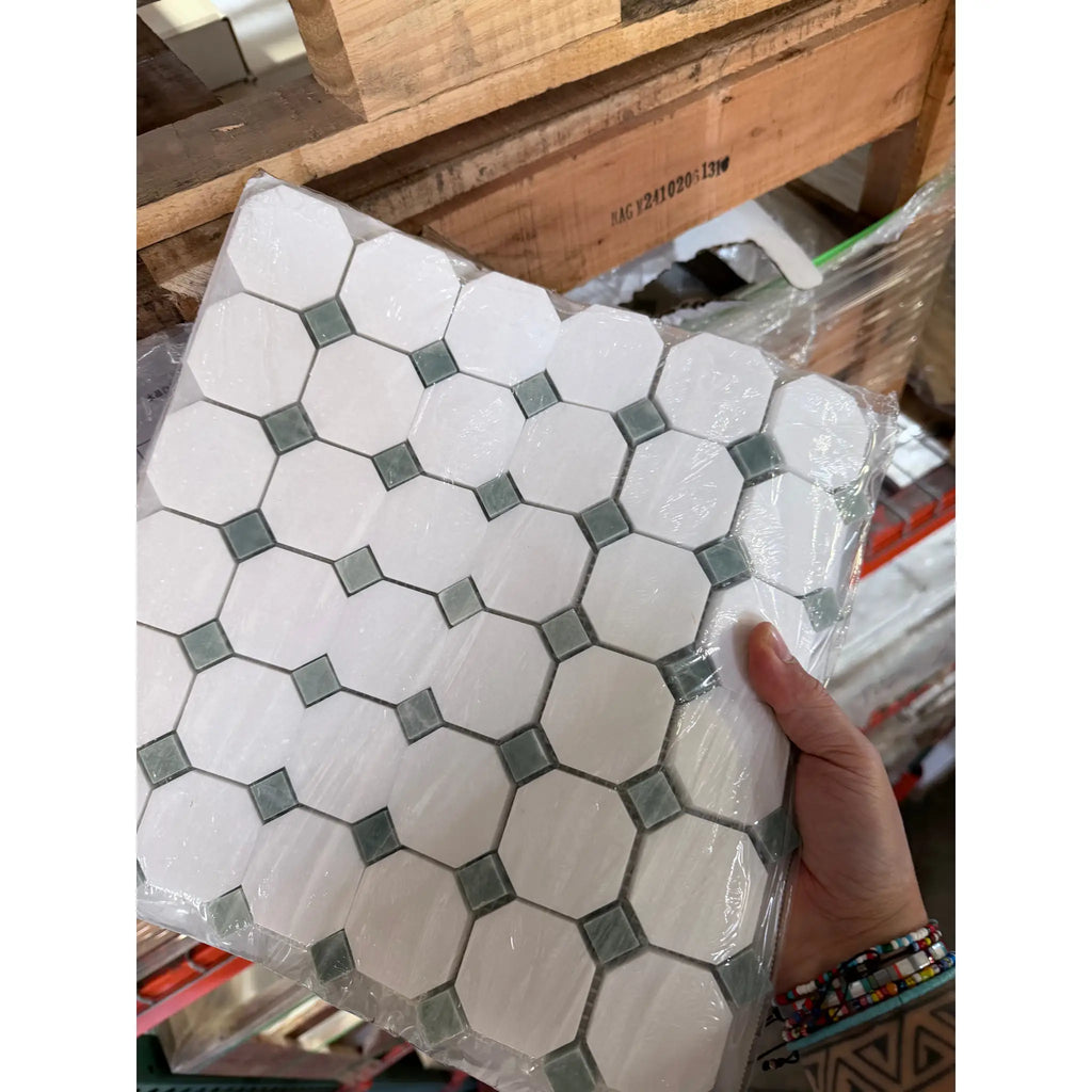Thassos White Octagon Mosaic Marble Tile with Gray Accents
