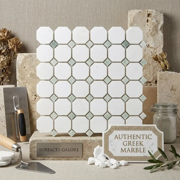 White octagonal greek marble mosaic tile with subtle gray veining and diamond-shaped ming green accents polished or honed
