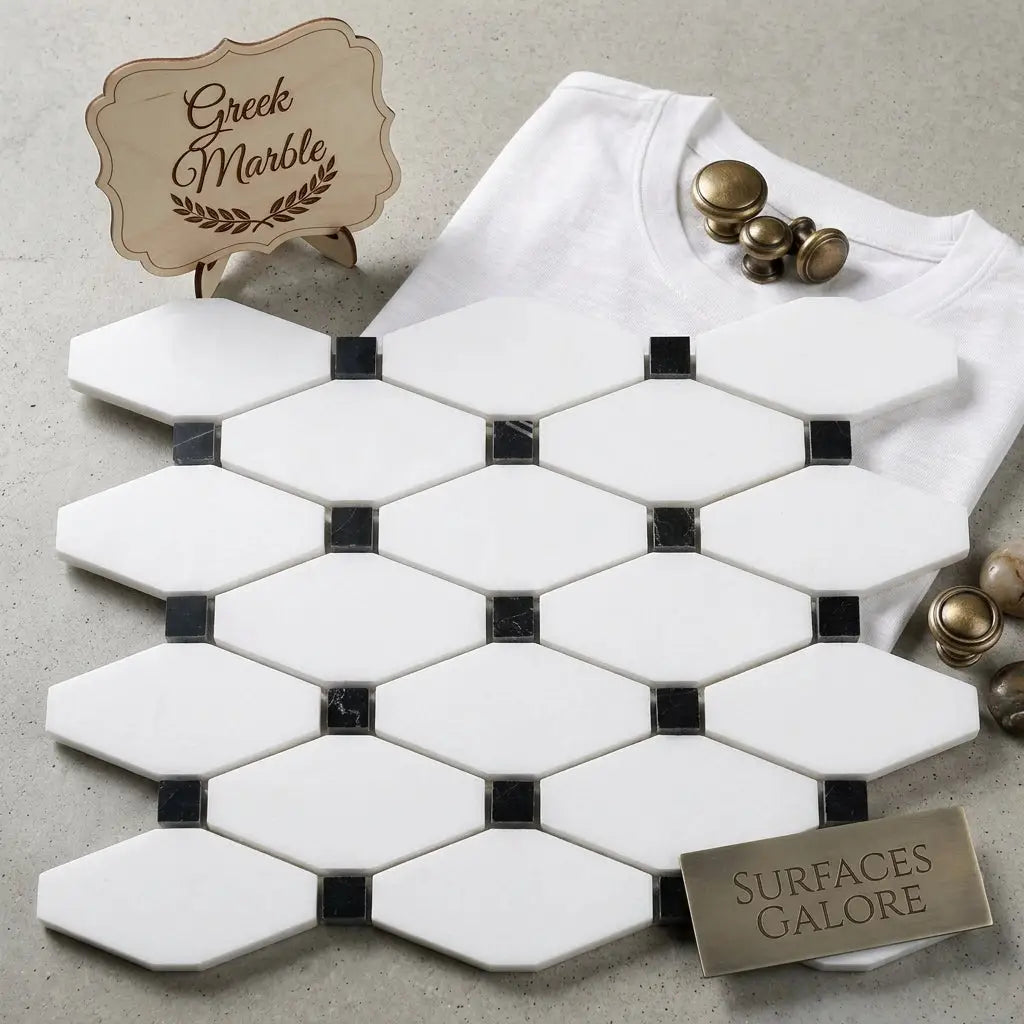 Thassos white octave long octagon mosaic marble tiles with black accents in polished or honed finish