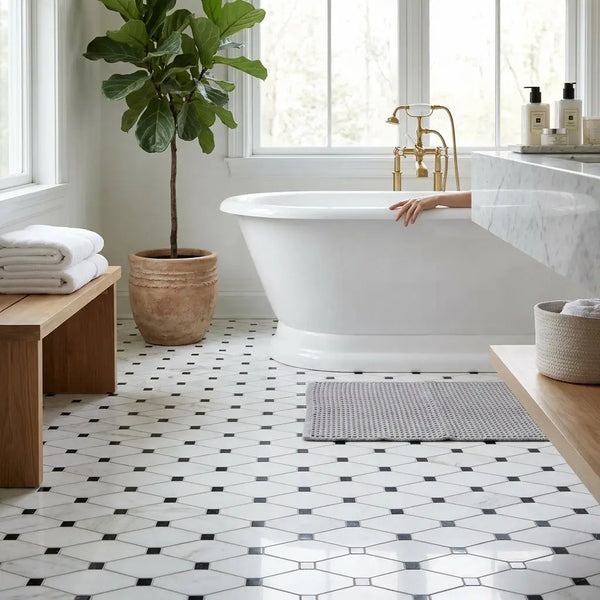 White freestanding bathtub with gold-toned faucet and pedestal base on thassos white octave black mosaic marble surface