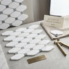 Thassos white octave long octagon mosaic polished marble tiles with blue-gray honeycomb pattern and gray grout accents