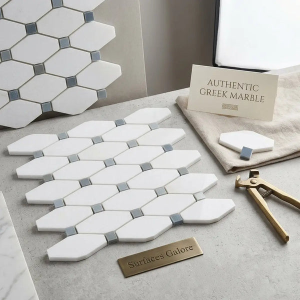 Thassos white octave long octagon mosaic polished marble tiles with blue-gray honeycomb pattern and gray grout accents