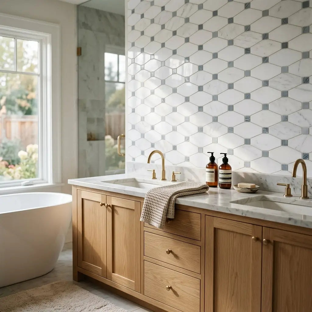 Light wood vanity with gold toned hardware and marble countertop featuring thassos white octave blue gray mosaic marble