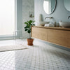 A potted fiddle-leaf fig plant in a terracotta pot on polished thassos white octave long octagon ming-green mosaic marble