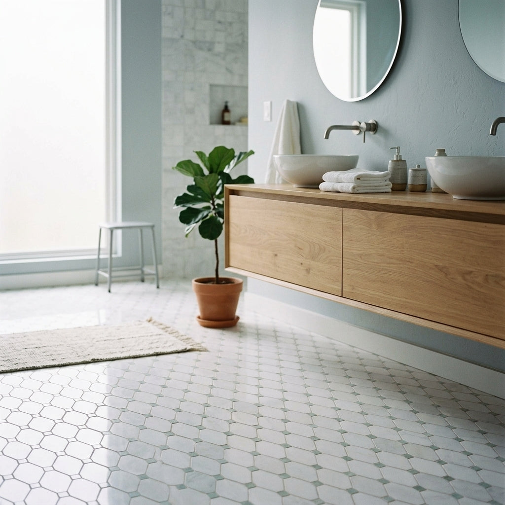 A potted fiddle-leaf fig plant in a terracotta pot on polished thassos white octave long octagon ming-green mosaic marble